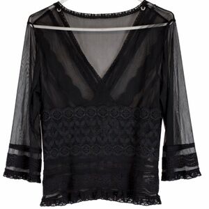 Black Sheer Mesh Lace Top Goth Fairy Grunge Dark Feminine Y2K Festival Layering